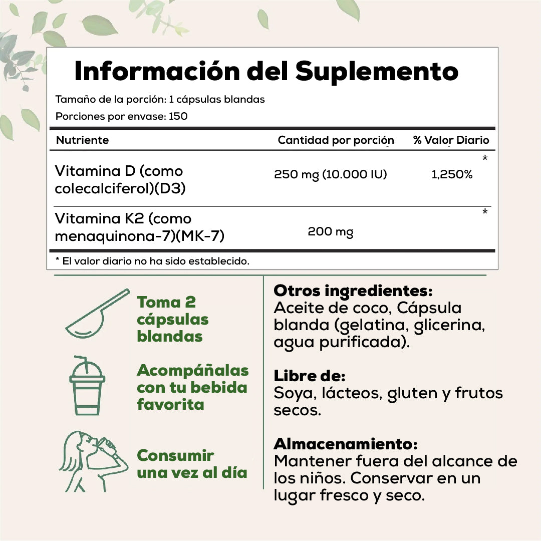 VITAMINA D3 + K2 (MK-7) – FÓRMULA 2 EN 1 PARA TU SALUD ÓSEA Y CARDIOVASCULAR