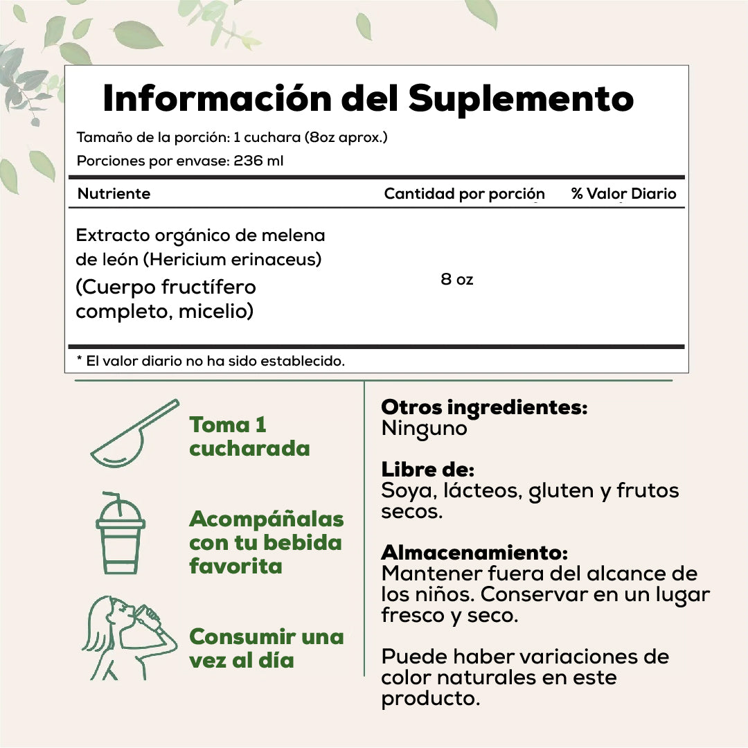 SUPLEMENTO EN POLVO DE HONGO DE MELENA DE LEÓN ORGÁNICO